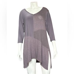 Sympli Taupe Gray Patchwork V-Neck Tunic Top Size 10 Asymmetrical 3/4 Sleeve